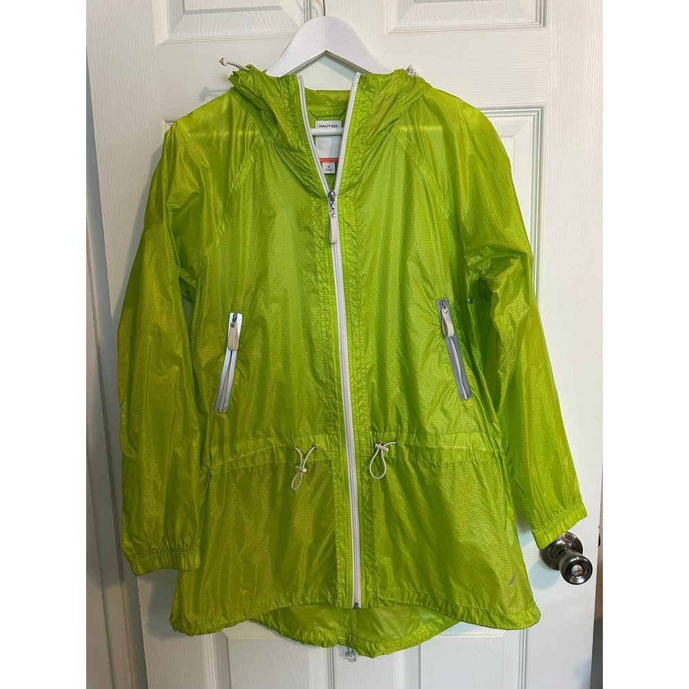 Nautica Performance Womens Neon Lime Green Full Zip Hooded Windbreaker Jacket M‎